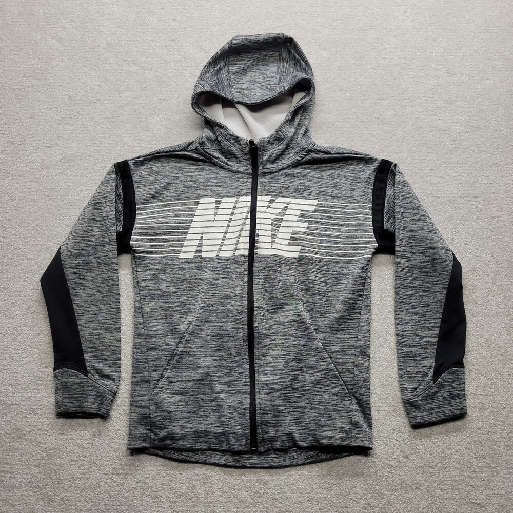 Nike Dri-FIT Boys Medium Gray Black Full Zip Hoodie Athletic Logo Jacket